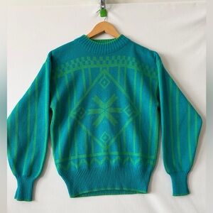 Slalom Vintage Ski Mock‎ Neck Sweater Blue & Green Apres Ski Size Medium